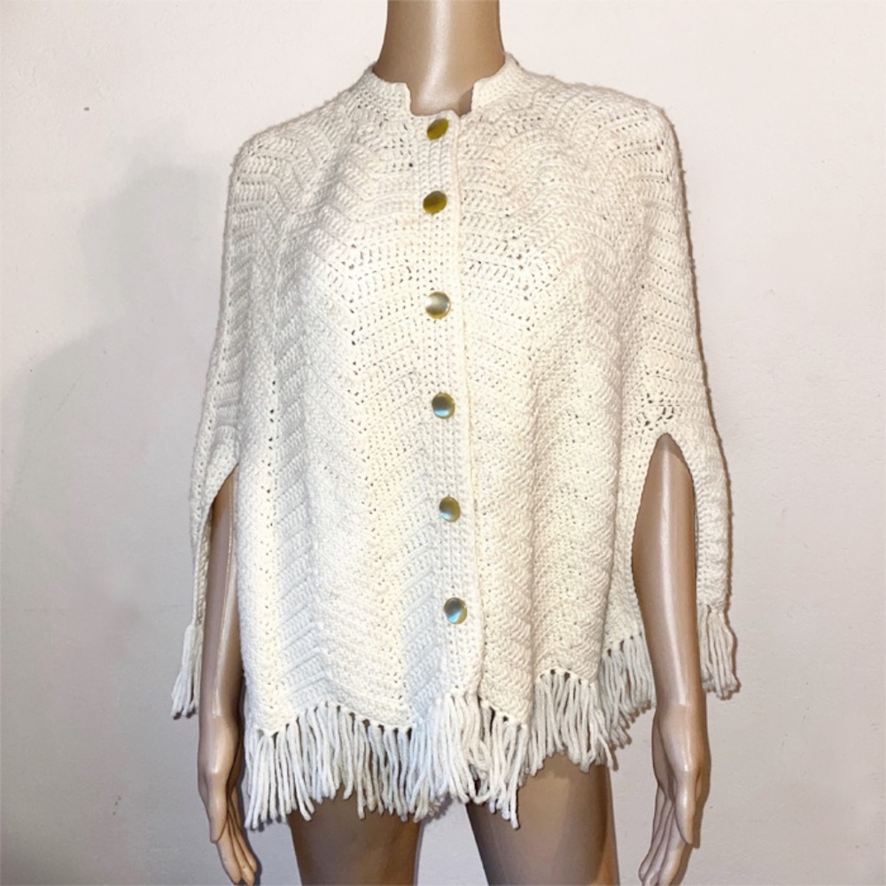 Vintage Handmade Knitted Cream colored Cardigan Style Poncho